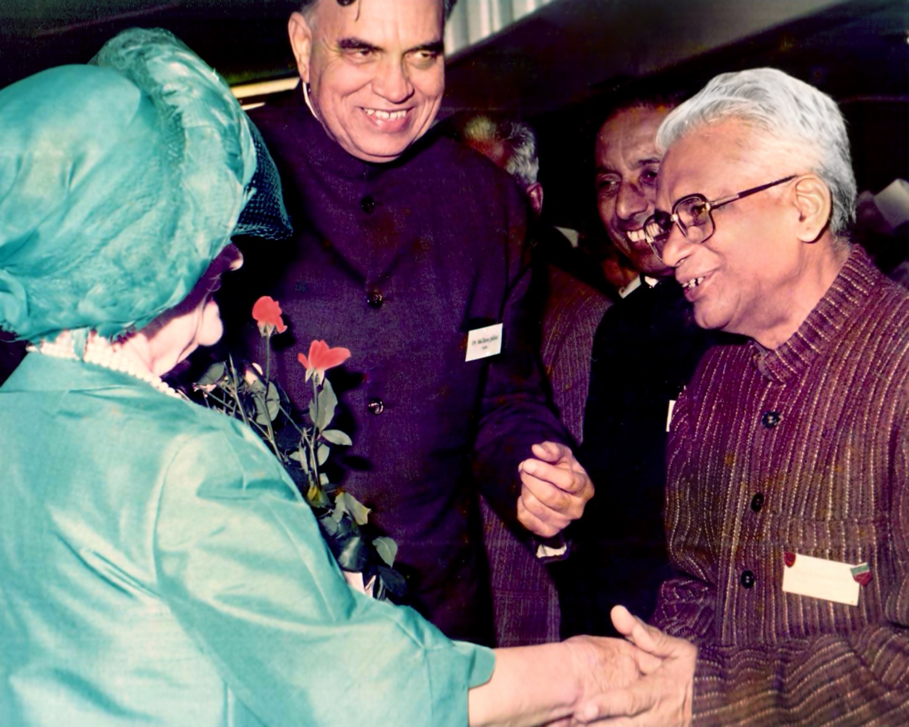 Dr. Balram Jakhar, then Speaker of the Lok Sabha, with Pandit Ram Kishore Shukla and Queen Elizabeth The Queen Mother at Buckingham Palace.